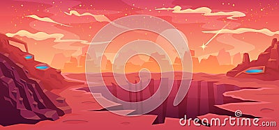 Space background alien fantastic landscape with rocks and a large crater, empty surface of the red planet Mars, cloudy Vector Illustration