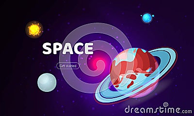 Space background. Cosmos with planets banner vector illustration. Spaceship travel to new planets and galaxies. Trip Vector Illustration