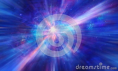 Space background. Exploding star, sun in colorful blue nebula with light rays. Elements furnished by NASA. 3D rendering Stock Photo
