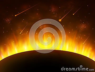 Space background with gold light. Sun planet. Solar eclipse. Bright realistic sun with rays, glow and sparks. Sunshine Vector Illustration