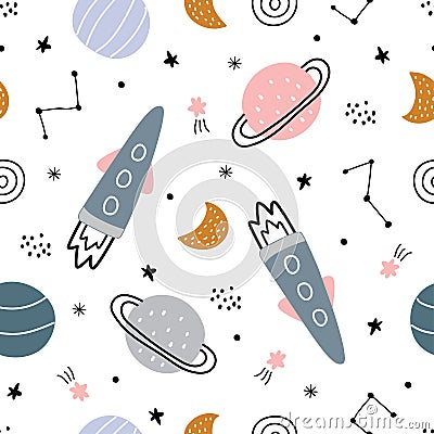 Space background hand drawn stars and rockets seamless vector pattern in cartoon style for kids used for printing wallpaper, Vector Illustration