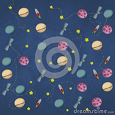 Space background illustration rocket earth and stars Cartoon Illustration