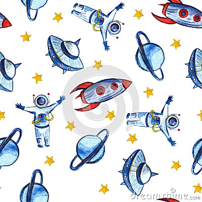 Hand drawn with pencil watercolor Space Background for Kids. Cartoon Rockets, Planets, Stars, Astronaut, Comets and UFOs Stock Photo