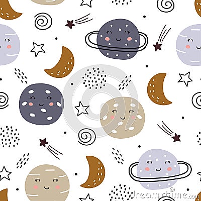 Space background for kids planet seamless pattern design in cartoon style Vector Illustration