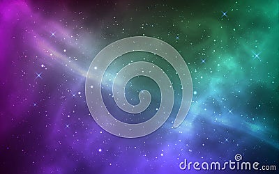 Space background. Magic stardust and shining stars. Bright milky way. Violet and green cosmos with realistic galaxy and Vector Illustration