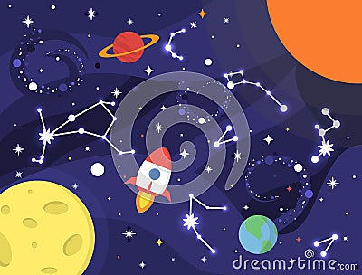 Space background with nebula, planets, stars, milky way, constellation, Earth, rocket, Moon, black hole. Galaxy Vector Illustration