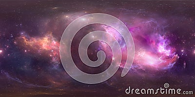 Space background with purple nebula and stars. Panorama, environment 360 HDRI map. Equirectangular projection, spherical panorama. Cartoon Illustration