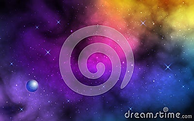 Space background. Realistic color nebula with shining stars and planet. Colorful galaxy with stardust. Abstract Vector Illustration