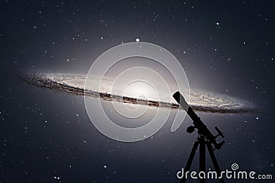 Space background with silhouette of telescope. Sombrero Galaxy Stock Photo