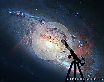 Space background with silhouette of telescope. Spiral Galaxy Stock Photo