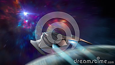 Space background. Spaceship fly in hyperspace with colorful nebula and planet. Elements furnished by NASA. 3D rendering Stock Photo