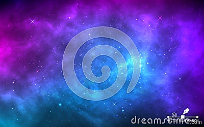 Space background with stardust and shining stars. Realistic colorful cosmos with nebula and milky way. Blue galaxy Cartoon Illustration
