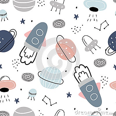 Space background with stars and rocket hand drawn seamless vector pattern in cartoon style for kids used for printing wallpaper, Vector Illustration