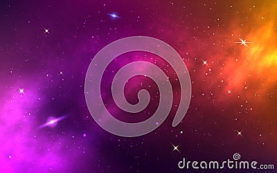 Space background. Yellow colorful galaxy. Realistic purple nebula with stardust and planet. Shining stars in cosmos Vector Illustration
