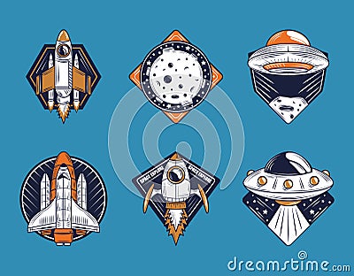 Space badge icons collection include spaceship moon ufo on blue background Vector Illustration