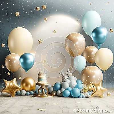 space balloones planets and space ships as birthday baby photography backdrop, bege and blue metallic balloons, gold stars Stock Photo