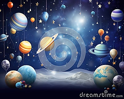 Space balloones planets and space ships as birthday backdrop. Cartoon Illustration