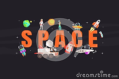 Space Banner Template with Astronaut, Spaceship, Rocket, Ufo in Outer Space Vector illustration Vector Illustration