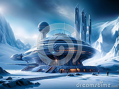space base on alien frozen planet with mountains, snow and ice, generative ai illustration, science fiction scenery Cartoon Illustration