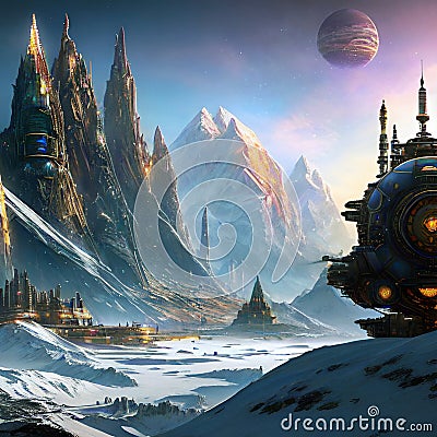 space base on alien frozen planet with mountains, snow and ice, generative ai illustration, science fiction scenery Cartoon Illustration