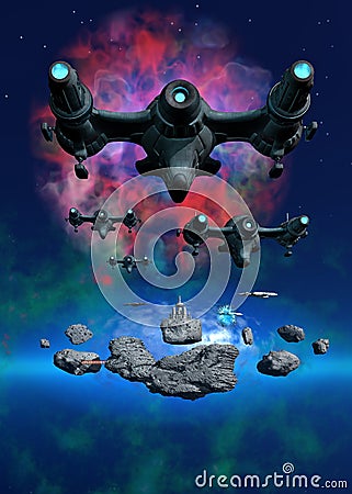 Space Battle around a spacebase on asteroids, in the background nebula and stars, alien Attack, 3d illustration Cartoon Illustration