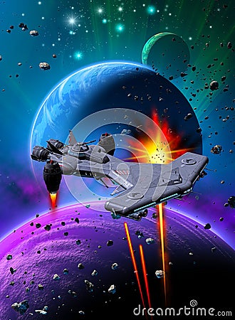 Space battle near an alien planet with two moons, same rockets against a spaceship, sky with nebula and stars, 3d illustration Cartoon Illustration