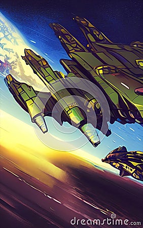 Space battle, spaceship fighting in sky, digital painting, concept sketch, cartoon style Stock Photo