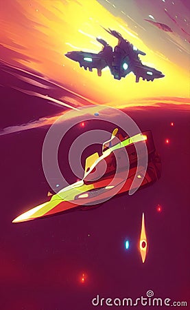 Space battle, spaceship fighting in sky, digital painting, concept sketch, cartoon style Stock Photo