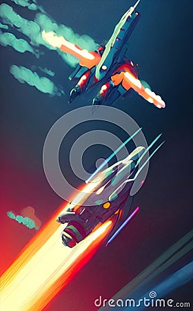 Space battle, spaceship fighting in sky, digital painting, concept sketch, cartoon style Stock Photo