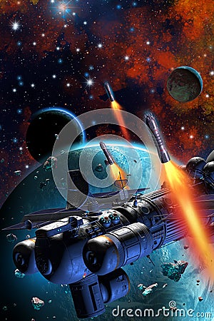 Space battle, spaceship orbiting around an alien planetary system, 3d rendering Stock Photo