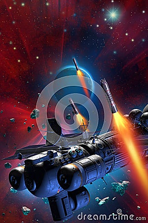 Space battle, spaceship orbiting around an alien planetary system, under Attack by Rockets, 3d rendering Stock Photo