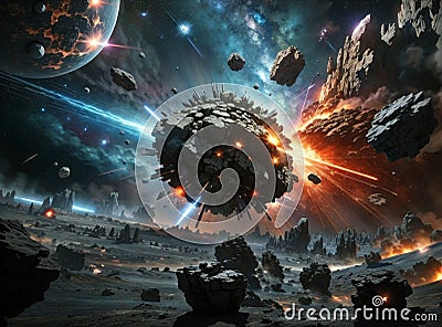 space battle, spaceships fighting near near an alien planetary system with asteroids. generative ai illustration Cartoon Illustration