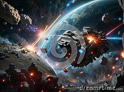 space battle, spaceships fighting near near an alien planetary system with asteroids. generative ai illustration Cartoon Illustration