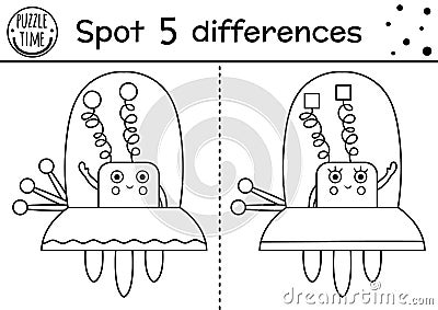 Space black and white find differences game for children. Astronomy educational activity with funny alien in space ship. Printable Vector Illustration