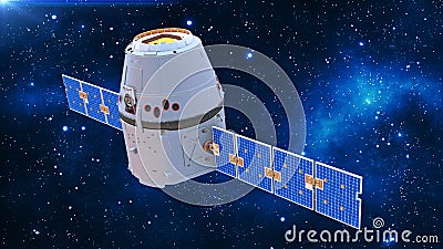 Space capsule, communication satellite with solar panels in cosmos with stars in the background, 3D render Stock Photo