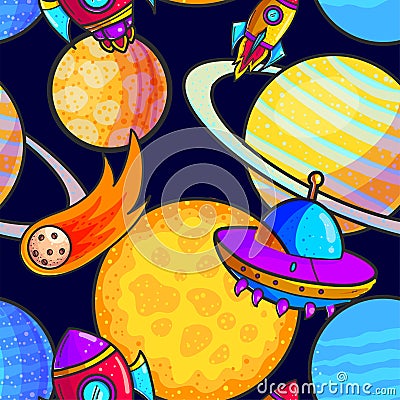 Space cartoon seamless pattern Vector Illustration