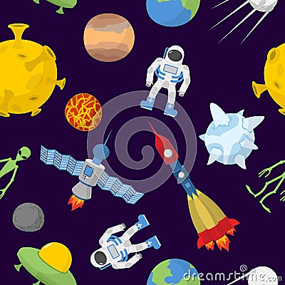 Space cartoon seamless pattern. Vector background. Astronaut and Vector Illustration