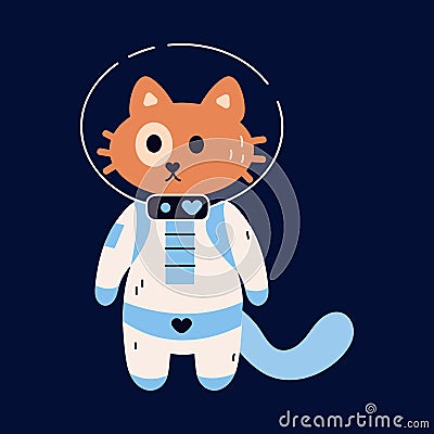 Space cats. Cute kitty in spacesuit and helmet. Childish kitten astronaut. Cosmic explorer. Funny cosmonaut. Galaxy Vector Illustration
