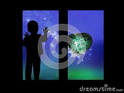 Space and the child looking out the window Cartoon Illustration