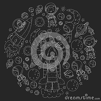 Space for children. Coloring page, book. Kids and cosmos exploration. Adventures, planets, stars. Earth and Moon. Rocket Vector Illustration