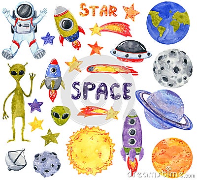 Space clipart set, hand drawn watercolor illustration isolated on white. Cartoon Illustration