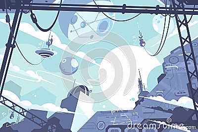 Space colony with rockets and stations Cartoon Illustration