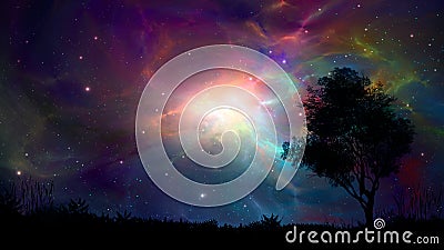 Space colorful fractal nebula with tree and land silhouette. Digital magic landscape illustration painting Cartoon Illustration