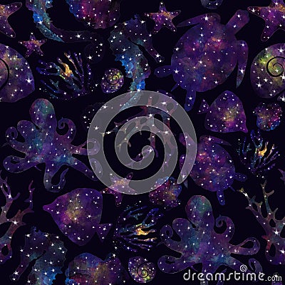 Space, constellation, sea animals, algae, pattern Stock Photo