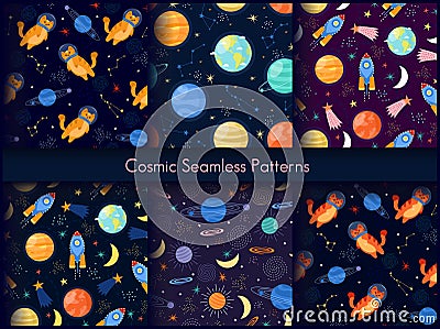 Space cosmic seamless pattern print design set, cartoon cosmos universe exploration Vector Illustration