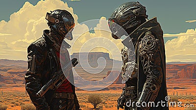 Space cowboys in sci-fi western scene. Sci-fi warriors of the wasteland. Generated AI Stock Photo