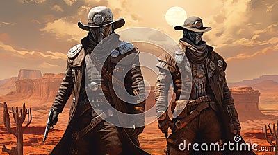 Space cowboys in sci-fi western scene. Sci-fi warriors of the wasteland. Generated AI Stock Photo