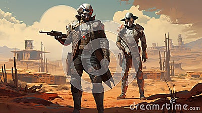 Space cowboys in sci-fi western scene. Sci-fi warriors of the wasteland Stock Photo