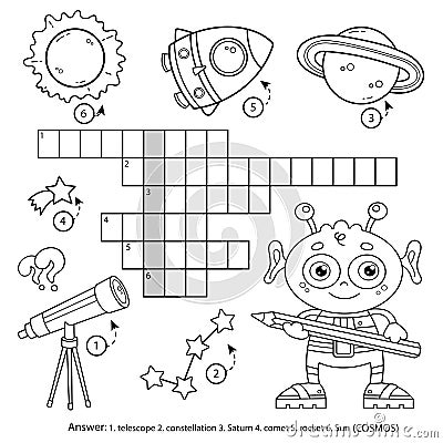 Space crossword puzzle. Alien with telescope, planets and rocket. Coloring book for kids Vector Illustration