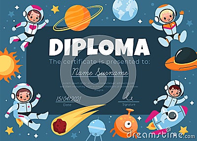 Space diploma. Happy kids astronauts fly around info frame children school certificate cosmic style. Colorful meteor Vector Illustration